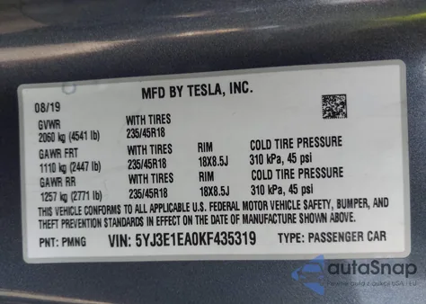 2019 Tesla Model 3 Long Range/Mid Range/Standard Range/Standard Range Plus from USA, damaged, VIN 5YJ3E1EA0KF435319